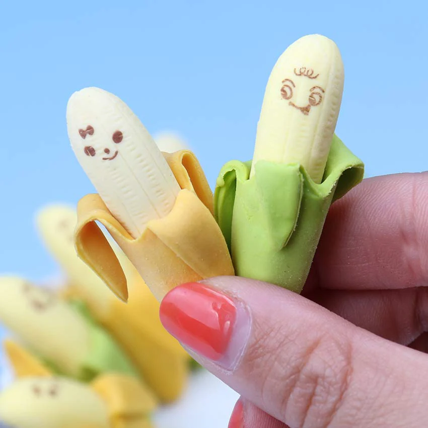 cheap 2 PCS Creative Cute Banana Fruit Pencil Eraser Rubber Novelty Kids Student Learning Office Stationery