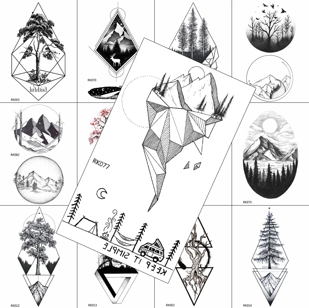 

Geometric Mountain Forest Temporary Tattoos Realistic Sticker Fake Waterproof Sheet Tattoo For Men Women Body Art Arm Legs Tatoo