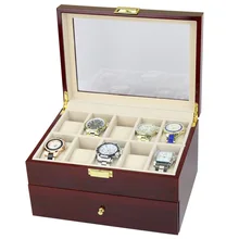 Коллекция Деревянный дисплей часов, корпус коробка для хранения часов с прозрачным смотровым верхом со стеклом вмещает 20 часов 2 слоя хранения