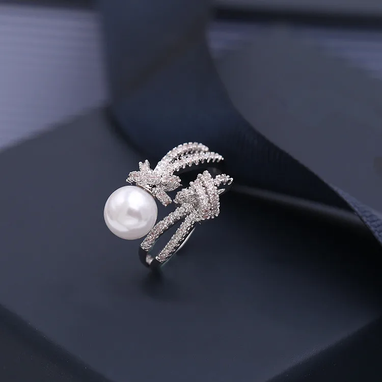 

SWOUR New Bridal Jewelry White Gold Color Wedding Gift CZ Cubic Zircon Rope Knot Design Pearl Ring High Quality S236