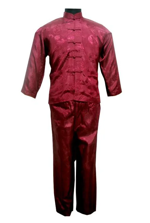 Мужская атласная пижама в китайском стиле размера плюс XXXL, винтажная Пижама на пуговицах, рубашка и штаны, одежда для сна с длинным рукавом - Цвет: Burgundy