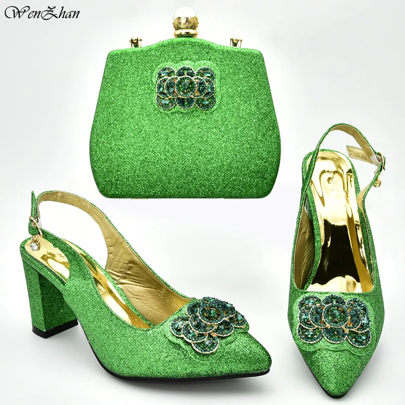 Green Italian Ladies Shoes and Bag Set Decorated with Rhinestone Shoe