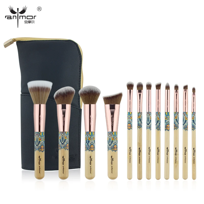 Anmor Brand New Arrival 12 Pieces Synthetic Makeup Brushes Set With Unique Design Black Bag Professional