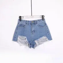 Европа Лето женские короткие джинсы Рваные винтажные джинсовые шорты Высокая талия прямые джинсы Синий Черный 2 цвета уличная Универсальная