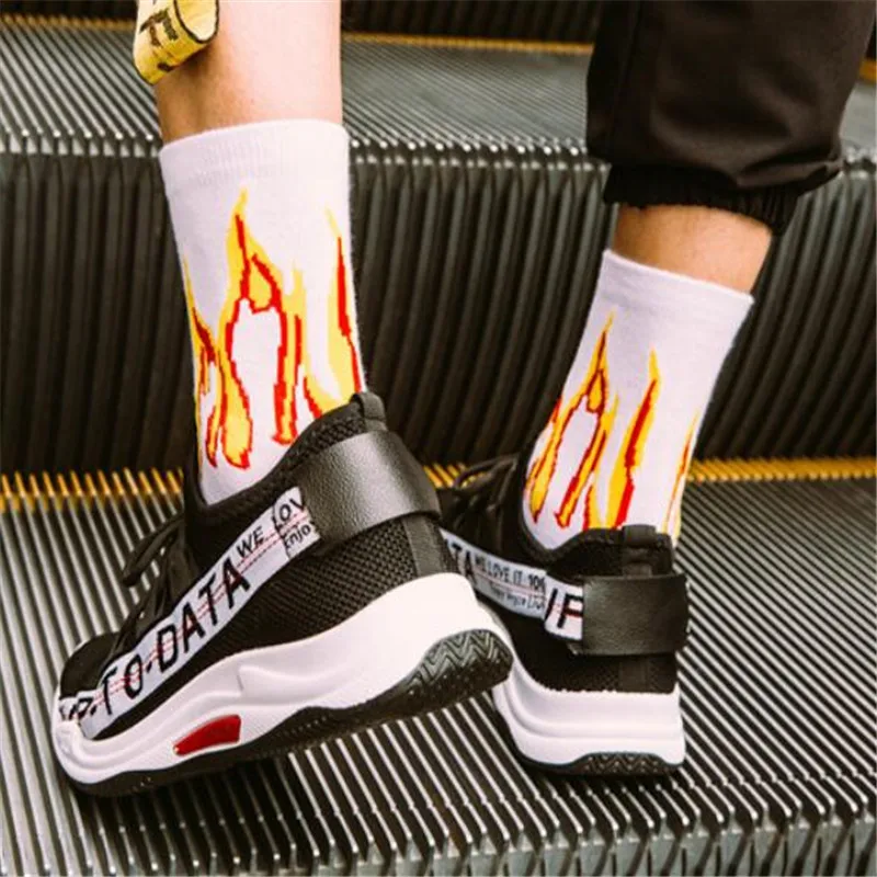Мужские модные Носки с рисунком пламени в стиле хип-хоп, забавные мужские носки, Жаккардовые Носки с рисунком пламени, уличные хлопковые носки для скейтборда, Мужская Уличная одежда, S-8 - Цвет: 2