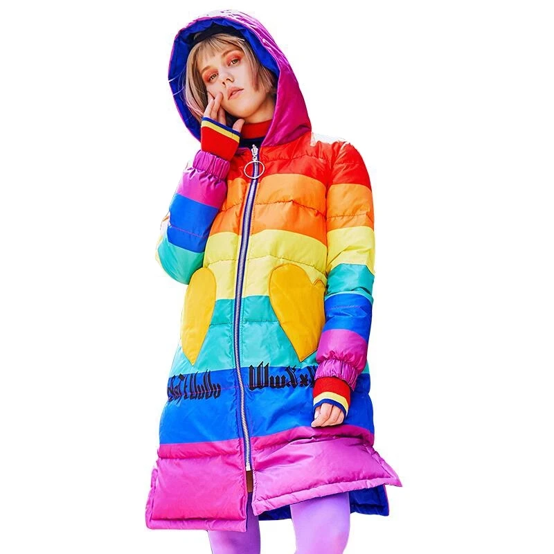 2019 Winter thick white duck down patchwork Down Coats women fashion color long hooded double-sided down jackets