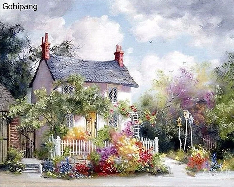 

Small House Abstract DIY Painting By Numbers Kits Coloring By Numbers Oil Painting On Linens Landscape Home Wall Decor
