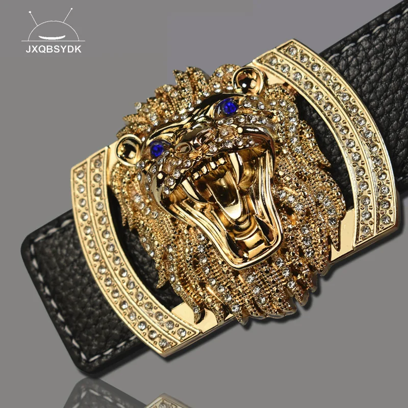 JXQBSYDK Luxury Brand Belts for Men Women Fashion Shiny Diamond Lion