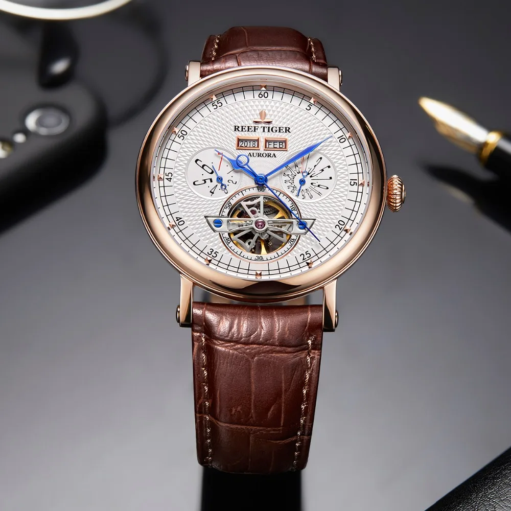 Reef Tiger/RT лучший бренд класса люкс Tourbillon часы для мужчин функциональный коричневый кожаный ремешок автоматические часы Relogio Masculino RGA1903