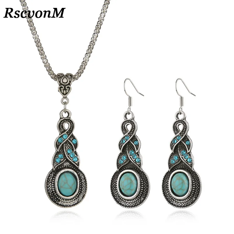 

RscvonM Bohemia Fashion Jewelry Hot Sale Ethnic Blue Stone Jewelry Sets Tibetan Silver Necklace Earrings For Women Party Gift