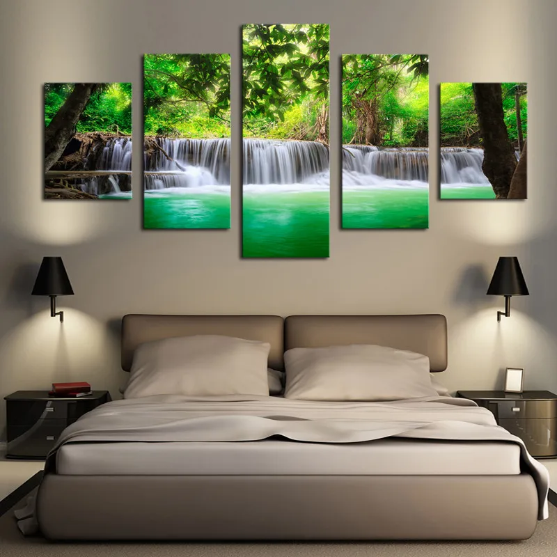 

Free Shipping 5 Piece Wall Art Painting Canvas Painting Tree Strong Waterfall Natural Beauty Painting Modern Picture Home Decor