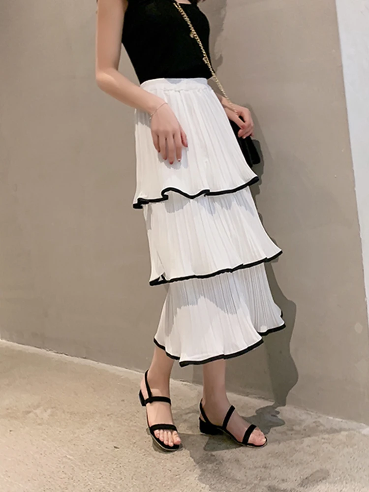 CHGOISIO Summer Elastic Cupcake Chiffon High Waist Women's Skirt Korean Casual Elegant Women's Skirts Black And White Skirts