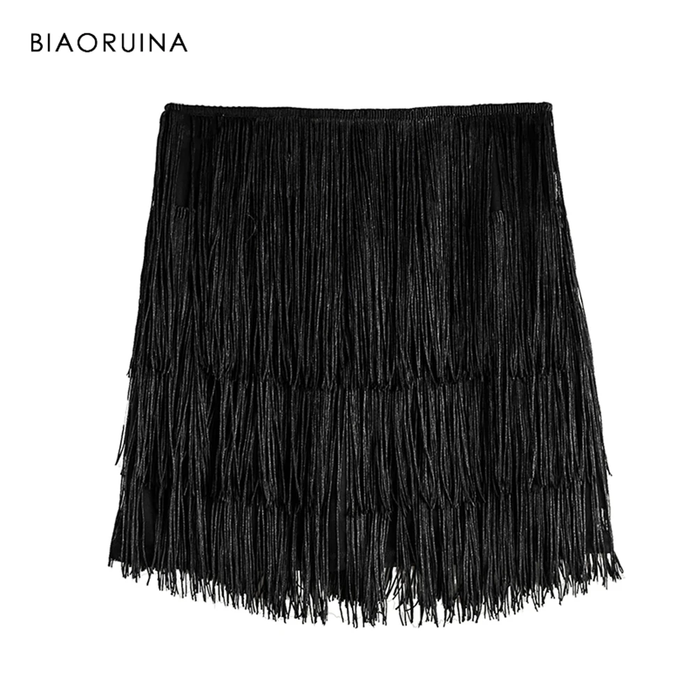 BIAORUINA Женская винтажная черная юбка с кисточками пэчворк сетка Сексуальная юбка с высокой талией Женская модная юбка с подкладкой