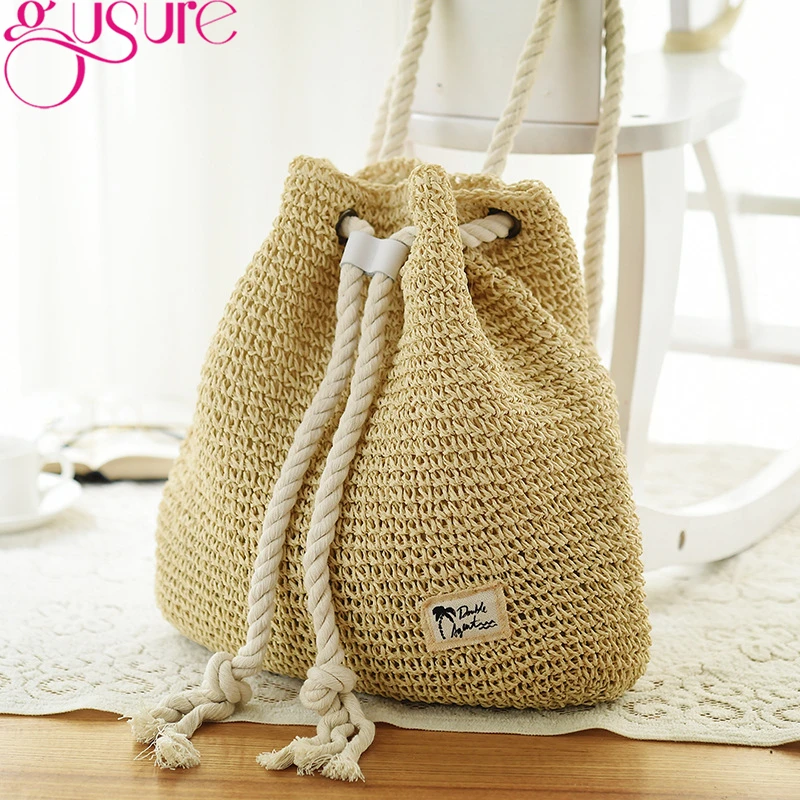 Gusure mochila feminina sacos de cordão para o sexo feminino palha daypack verão praia senhora tecelagem estilingue ombro bolsa pequena viagem