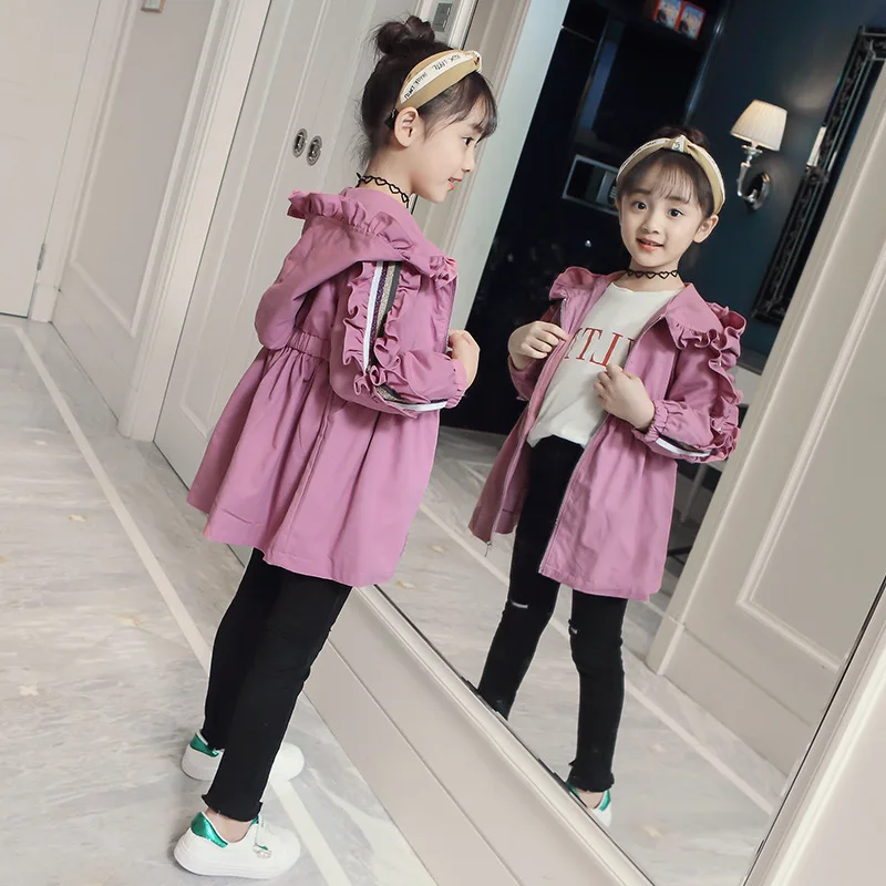

Long Girl Windbreaker Coat Striped Kid Jackets Ruffle Girl Coat Zipper Hooded Children Clothing Kids Windbreaker Outerwear 4-12Y