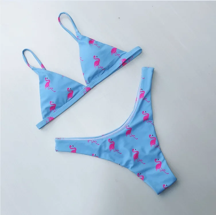 

Flamingo Printed High Leg Women Bikini Set Spaghetti Straps High Cut Bathing Suit Swimsuit High Leg Thong Bikini Push Up Bikini