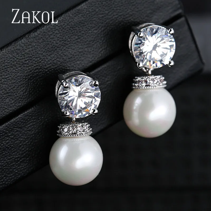 

ZAKOL Cute Round Zirconia Shape Stud Earrings Imitation Pearls Women Jewelry For Party FSEP2004