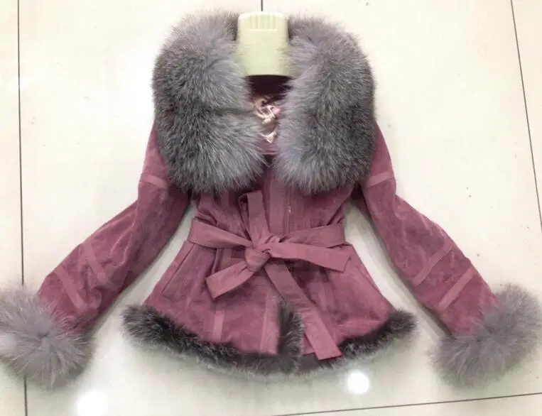 Большой цельный Воротник из меха серебристой лисы, короткая Дизайнерская куртка из натуральной кожи, пальто, Женское зимнее роскошное меховое пальто - Цвет: Розовый