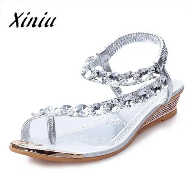 

xiniu Woman Summer Sandals Rhinestone Flats Platform Wedges Shoes Flip Flops Size 35-39 Gold Sliver 2 Color 2018