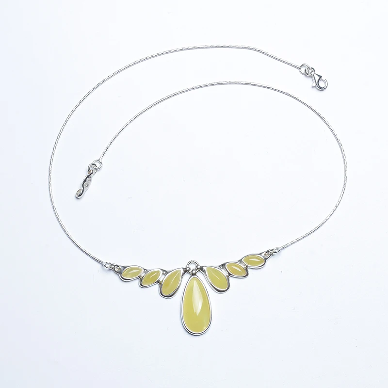 

JIUDUO luxury 925 sterling silver inlaid natural butter yellow old beeswax old amber necklace pendant antique European back