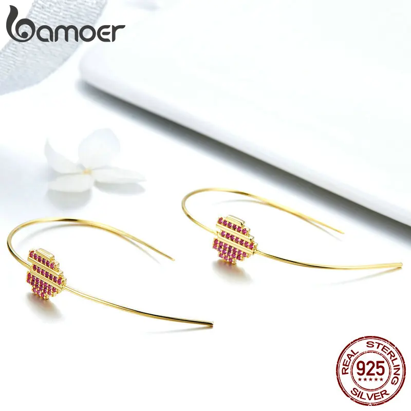 

BAMOER Romantic New 925 Sterling Silver Heart Love Big Drop Earrings for Women Pink Cubic Zircon Fashion Earrings Jewelry GAE029