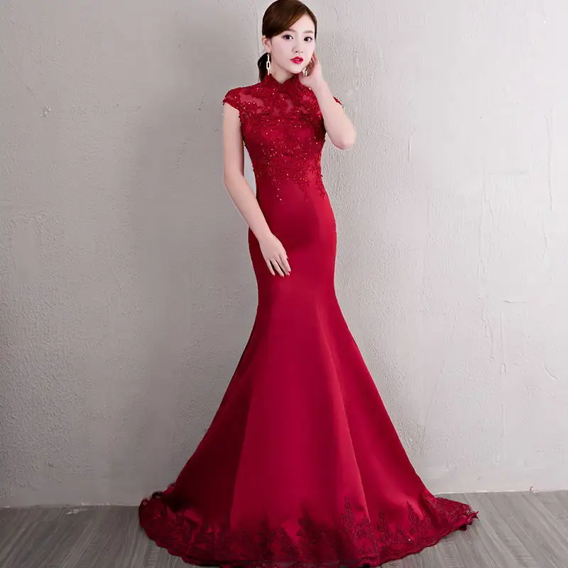 

Qipao Long Cheongsams Chinese Wedding Dress 2018 Fashion Tailing Evening Dress Traditional Oriental Style Dresses Red Wine