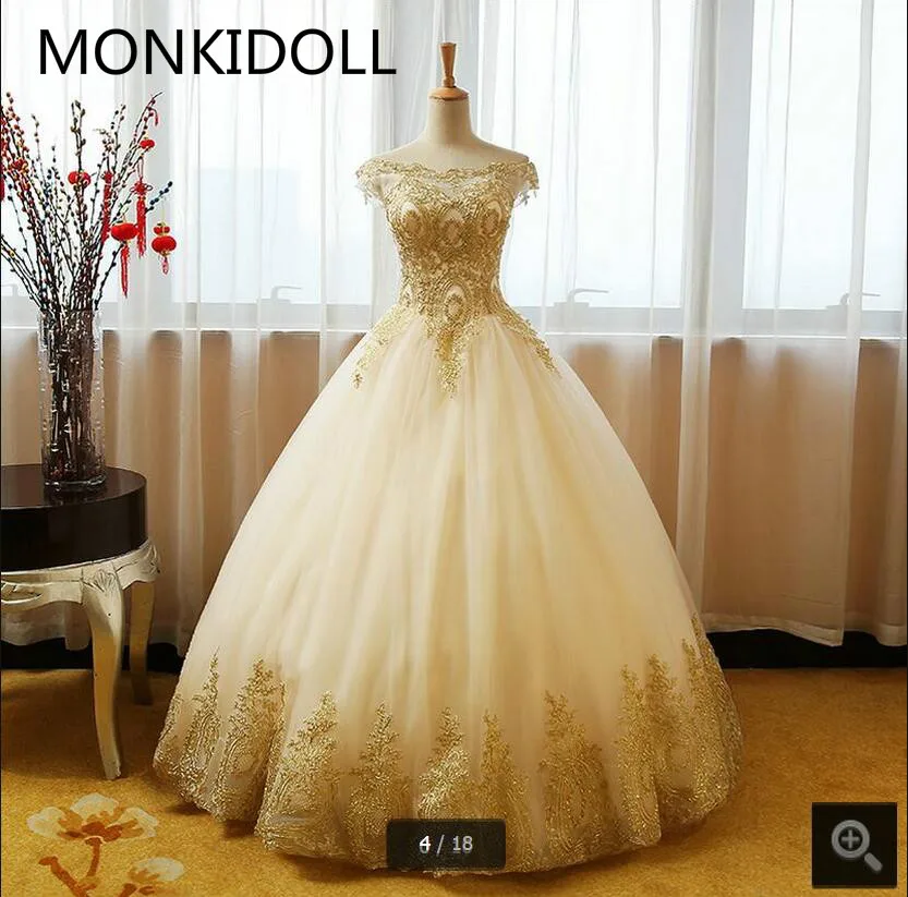 

Vestido De Festa ball gown gold lace appliques wedding dresses princess off the shoulder sexy simple bride dress free shipping