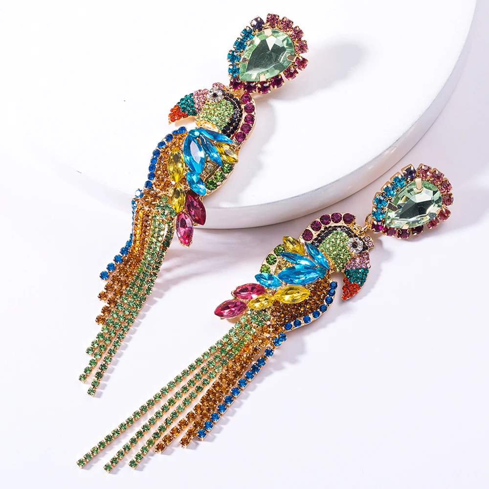 

Crystal Wedding Drop Earrings for Women Parrot Fish Bone Tassel Korean Bridal Dangle Earring Statement Jewelry