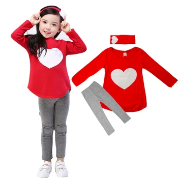 

LOVE Suit Headband+ Shirts+ Pants Children's Clothing set Girls Clothes suits Heart Design Long Sleeve Kids Clothes Red Pink