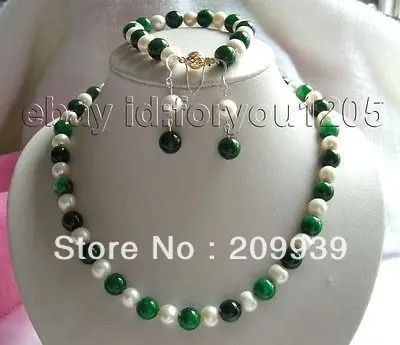 

huij 002103 Natural 10mm Round Green Emerald White Pearl Necklace Bracelet Earrings Set!