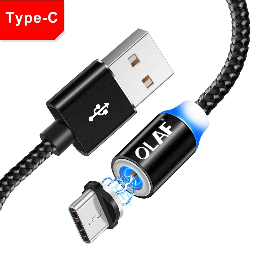 Black Type C OLAF 1 м 2 м светодиодный кабель для быстрой зарядки Micro usb type C для Xiaomi Redmi Note 7 Mi9 Магнитный кабель для зарядки для iPhone X XR XS Max - Цвет: Black Type C