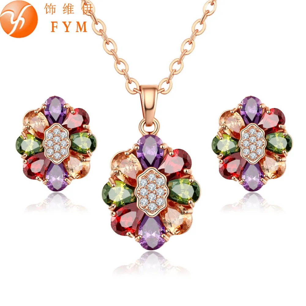 

Fashion Rose Gold Color Jewelry Sets for Women High Quality Flower Multicolor Cubic Zircon Engagement Bridal Sets Girls gift