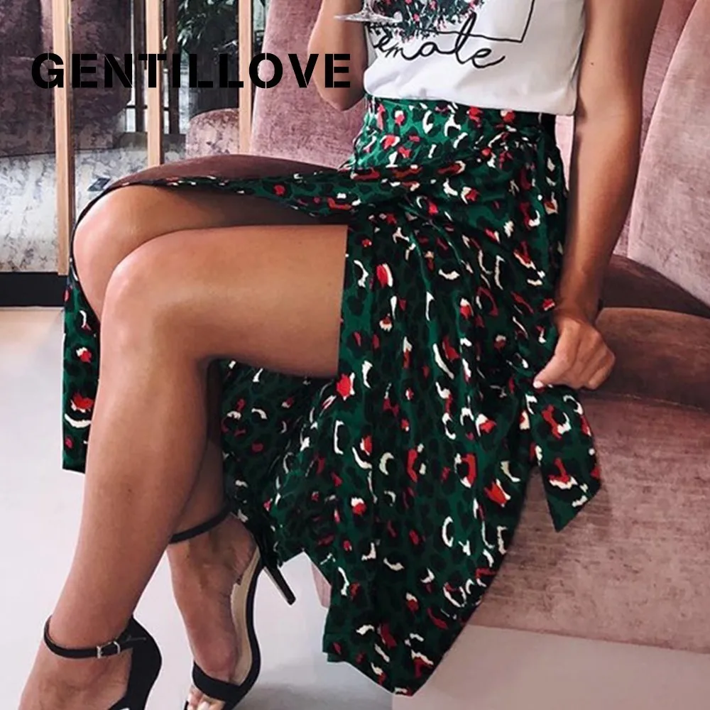 

Leopard Print Long Skirts Women High Waist Midi Skirt 2019 Summer Sexy Split Wrap Skirt Ladies Green Bow Tie Beach Skirt