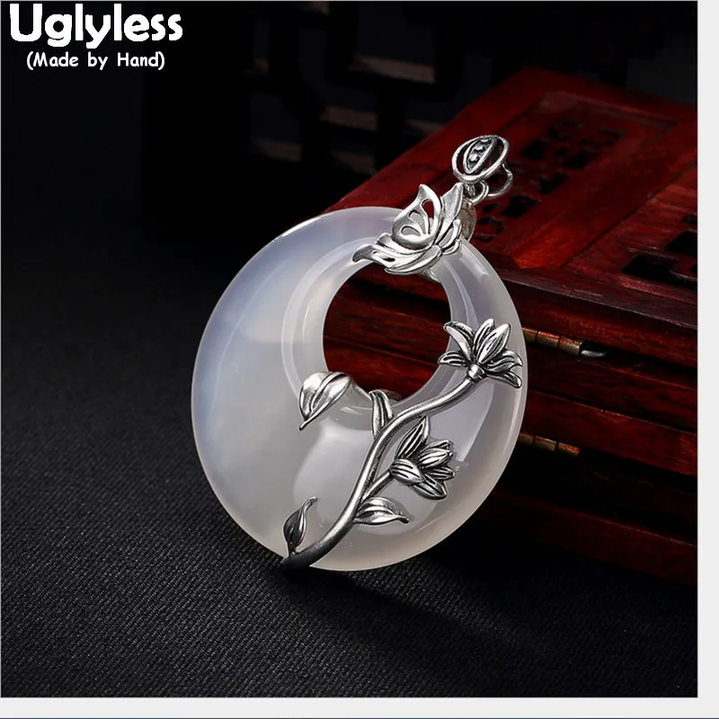Uglyless Настоящее серебро 925 проба ручной работы подвески «бабочка» женские тайские серебряные цветочные ювелирные изделия ожерелье с халцедоном пуговицы