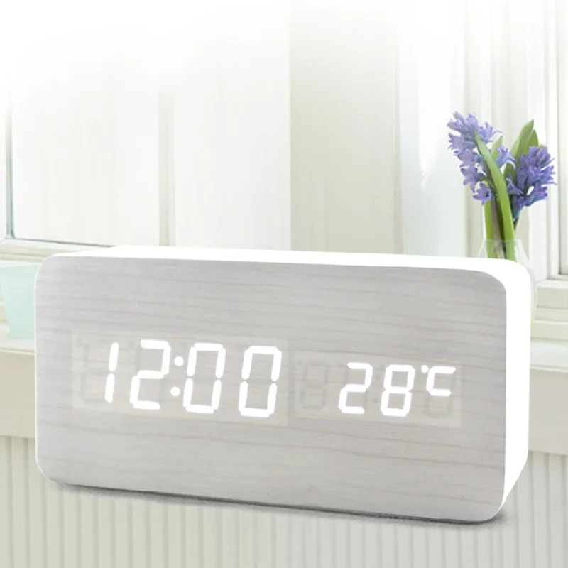 

new Multicolor Sound Control Wooden Wood rectangle LED Alarm Clock Desktop Table Digital Thermometer Wood USB/AAA Date Display