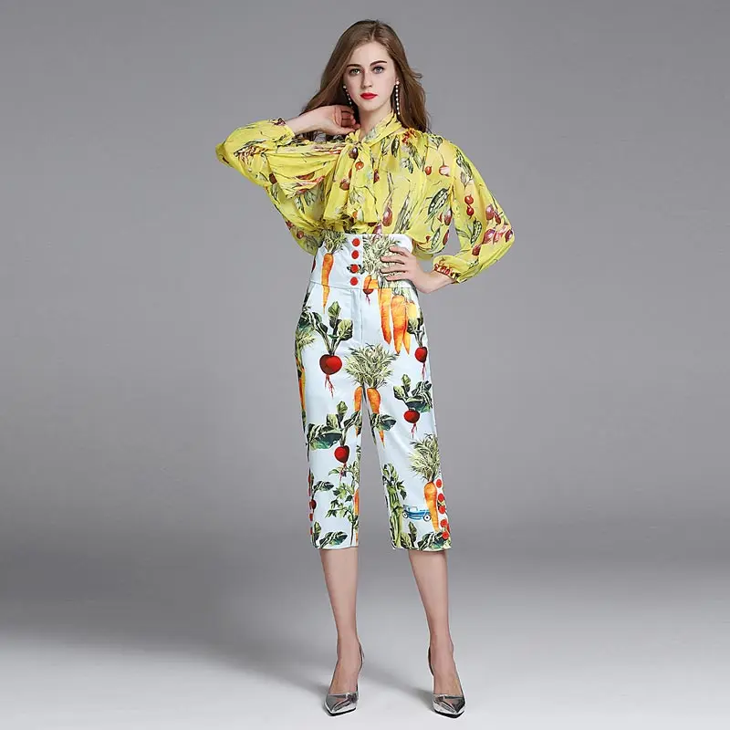 

XF High Quality Fashion Runway Designer Pants Set Ms. Long Sleeve Chiffon Pullover + Vintage Printed Pants Set Two Piece Set