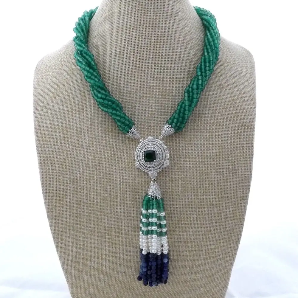 

M012903 19" 8 Strands Green Gems Stone Necklace Pearl Sodalite CZ Pendant