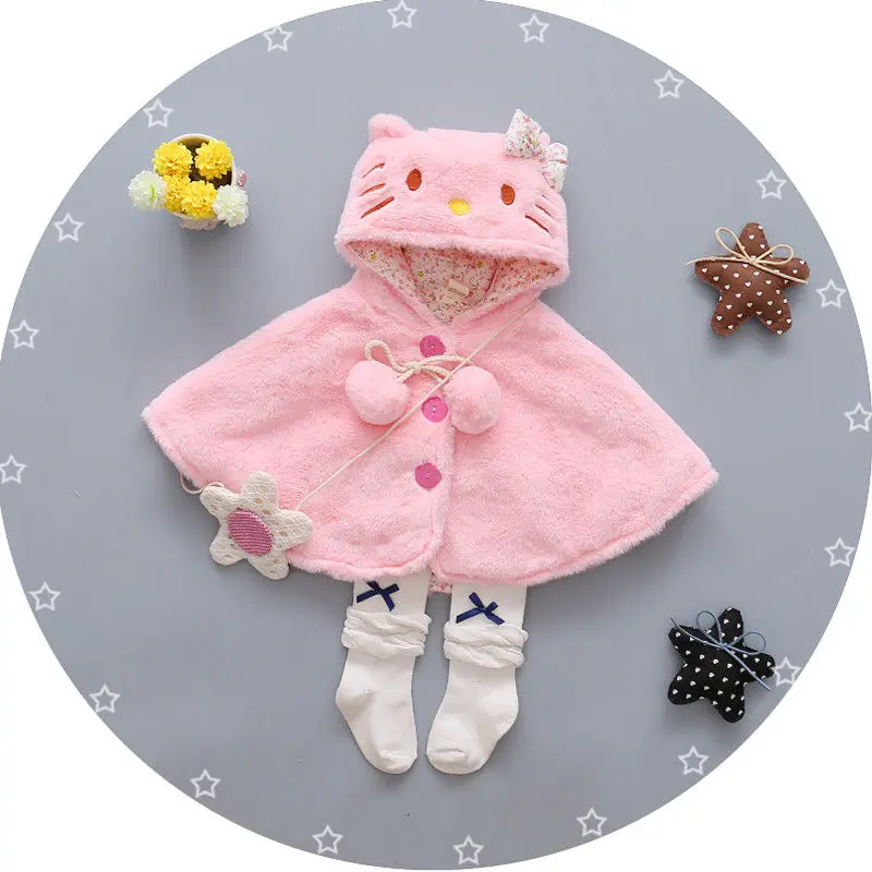 

Fleece Baby clothes Cute Kids Baby Girls Thick Coat Hooded Cloak Ponco Jacket Outwear cartoon Kitty