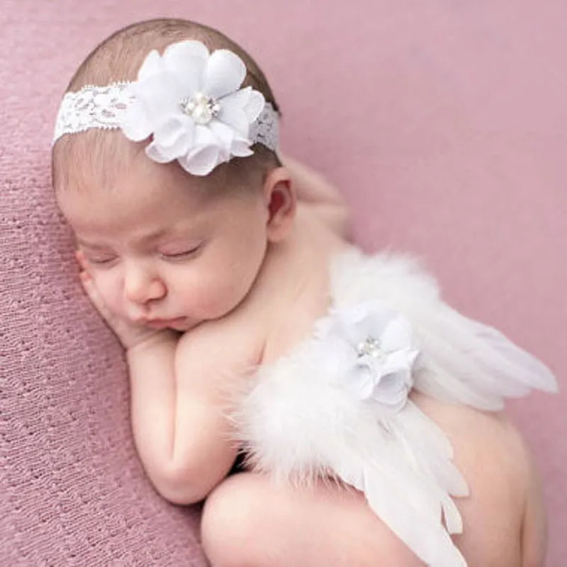 AM/_ QA/_ Fashion Newborn Baby Infant Kids Headband Feather Angel Wing Flower Pho