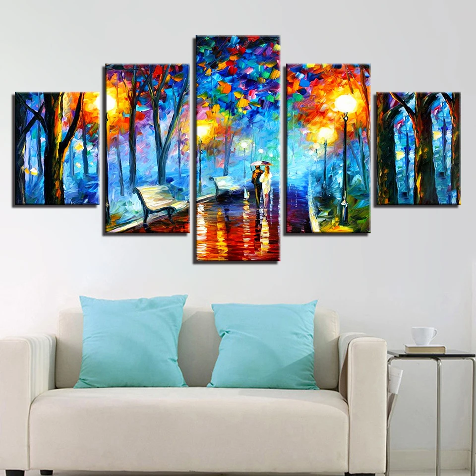 Печать на холсте плакат домашний Декор стены искусства 5 штук прогулки в дождь Ночной пейзаж картины модульные абстрактные картины цвета картины с деревьями