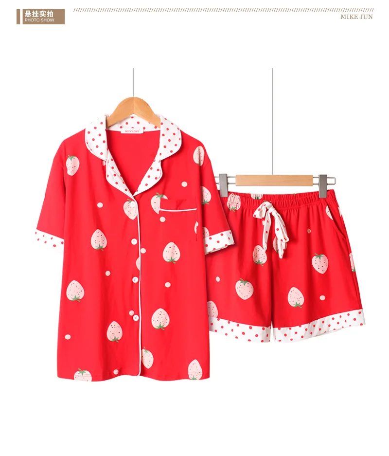 Лето хлопок короткий рукав пижама для девочек комплект Loungewear для женщин прекрасный клубника мультфильм Корейский Pijama женские шорты пижамы - Цвет: Красный