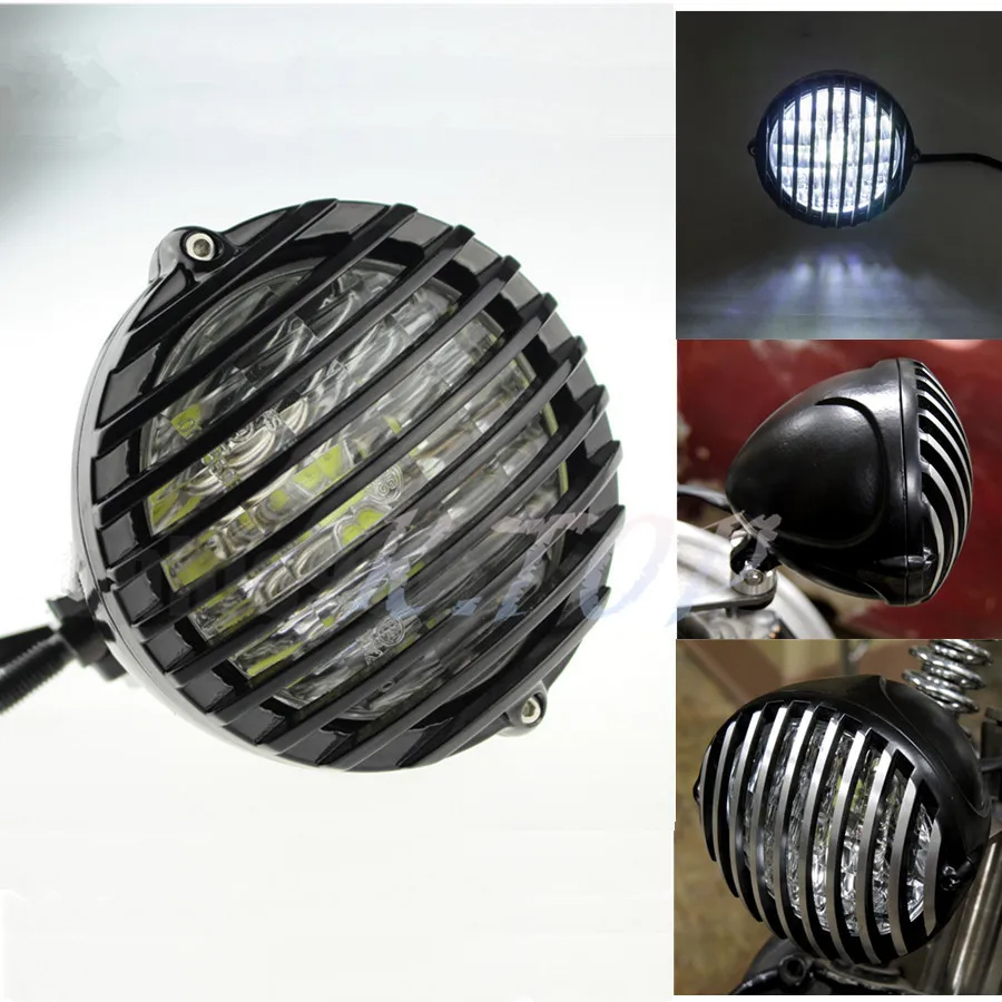 1 Piece SCALLOPED BLACK LED HEADLIGHT FINNED GRILL FOR HARLEY BOBBER