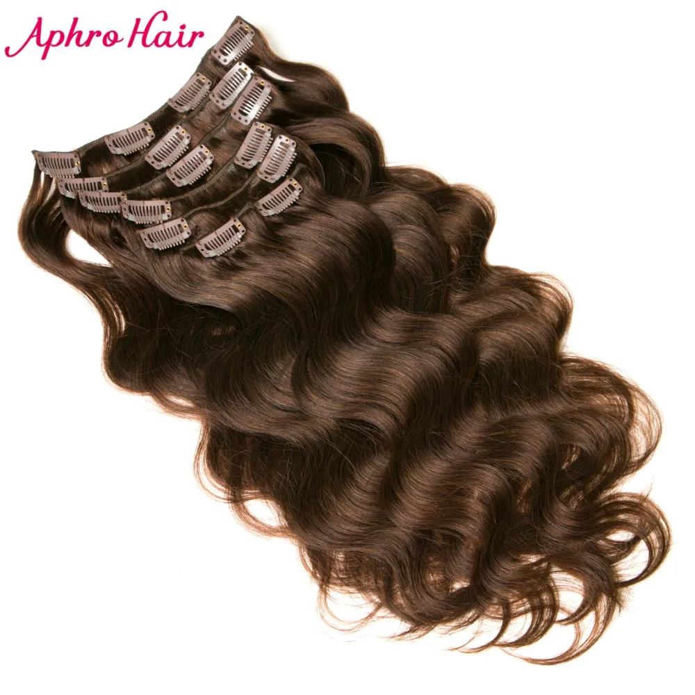 Aphro Hair Brazilian Body Wave #2 Dark Brown Non-remy Clips In Human Hair 7Pcs/Set 70 Gram Full Head Set Clip In Extensions body-wave