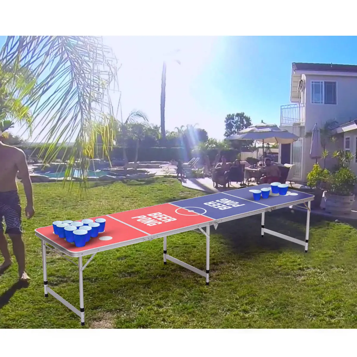 Giantex 8FT Portable Folding Beer Pong Table Modern Party Gaming Desk Foldable Outdoor Picnic Camping Tables OP3334