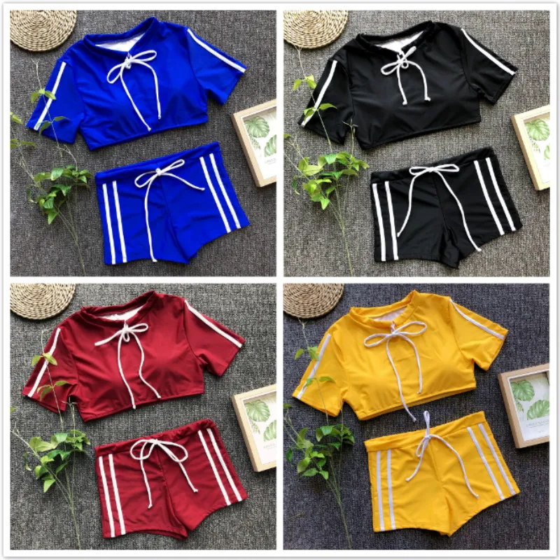 

Bandage Bikini Solid Bathing suit Push Up Bikini Short Sleeve Striped Beach Bikini Set Swimwear Female Bathing Suit Women Beach