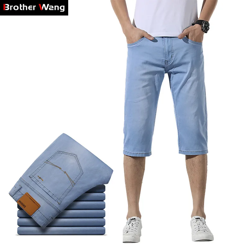 Летние новые мужские джинсовые шорты Модный классический стиль светло-голубой эластичный сплошной цвет Повседневный короткий, зауженный крой джинсы мужской бренд