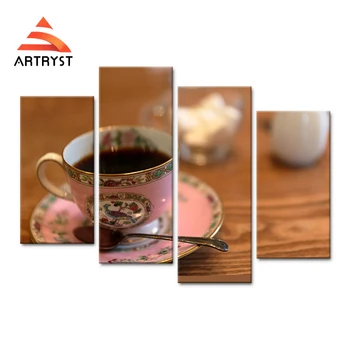 

4 Panel Modular Modern Home Decor Art Wall Print Still Life Coffee Cup Canvas Painting Picture HD Print On Canvas For Kitchen
