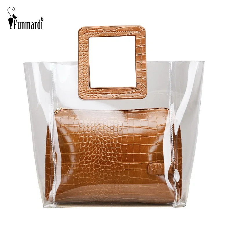 

FUNMARDI 2019 Women Composite Bags PVC Transparent Handbags Women's Fashion Beach Bag Summer Crocodile Casual Tote Bag WLHB1885