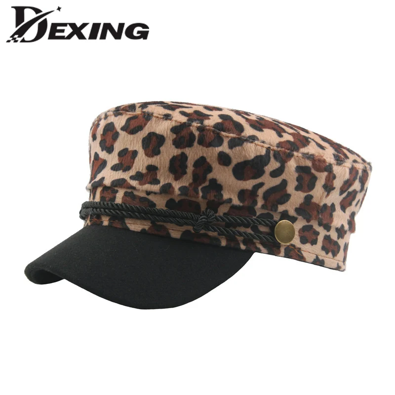

Leopard Military Hat Beret Female Spring Retro Flat Top Navy Hat Street Sailor Hat Yacht Captain Hat