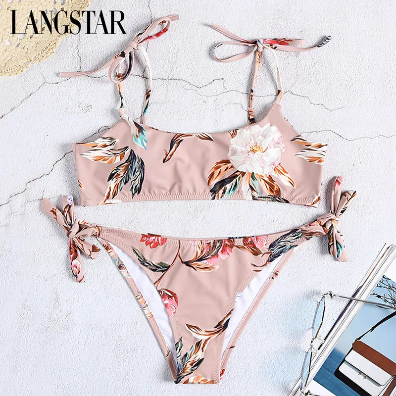  LANGSTAR Summer CharMma Floral Pattern Strap Side Tied Padded Low Waist Bikini Set For Swimsuit Wom